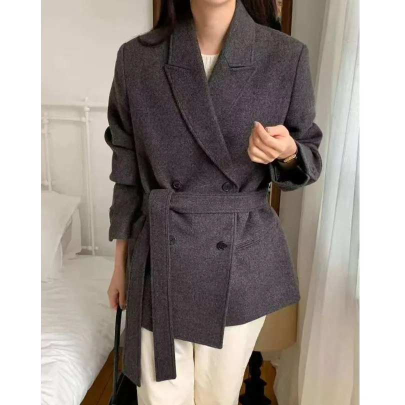 

Thiened шерстяное пальто женское INS Blogger Sle ретро Faion костюм с отложным воротником и поясом шелковый топ из смеси хлопка