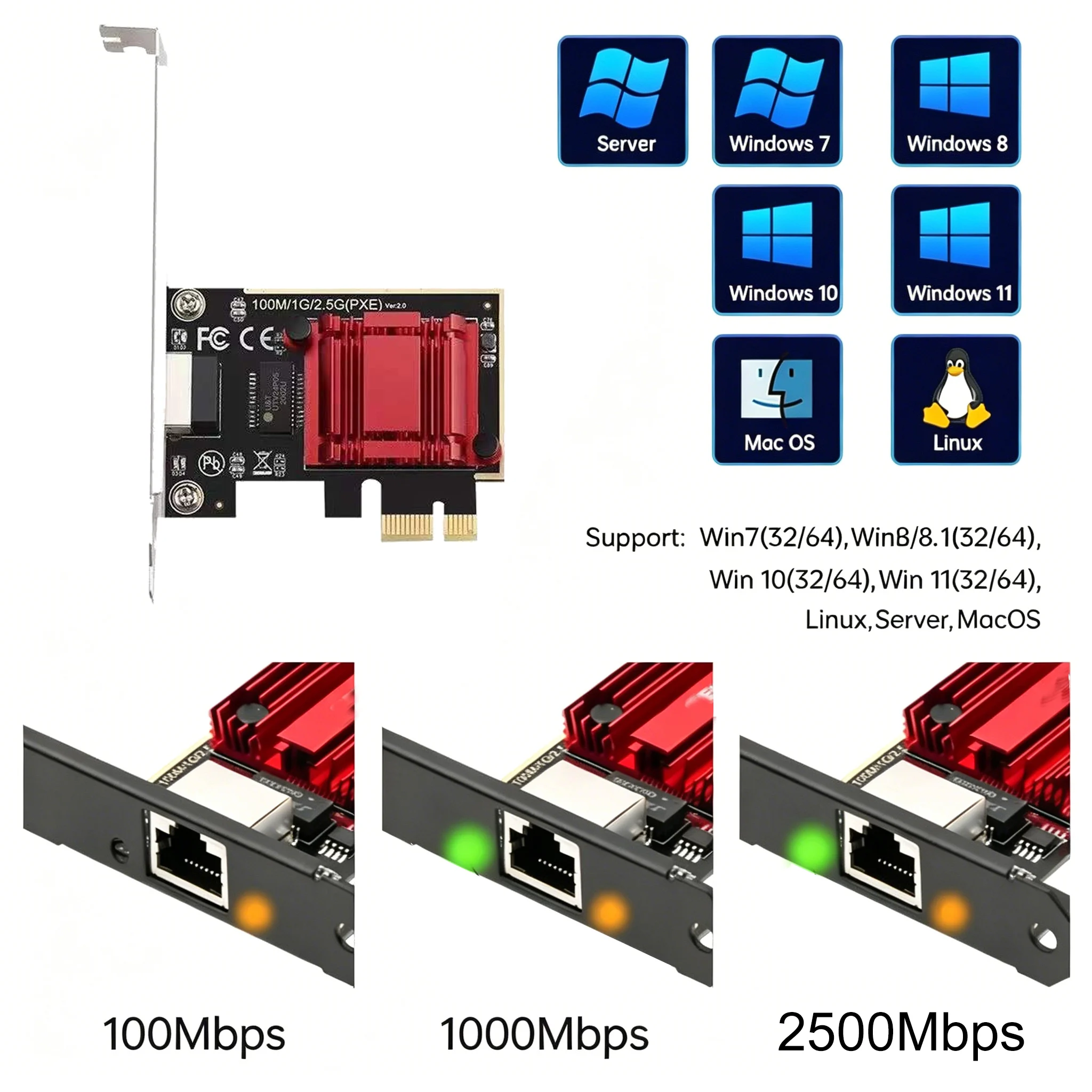 KEBIDUMEI 2.5G PCI-E To RJ45 Network Card RTL8125B Chip 100/1000Mbps Ethernet Wired LAN Controller Adapter For Win7/8/10/11