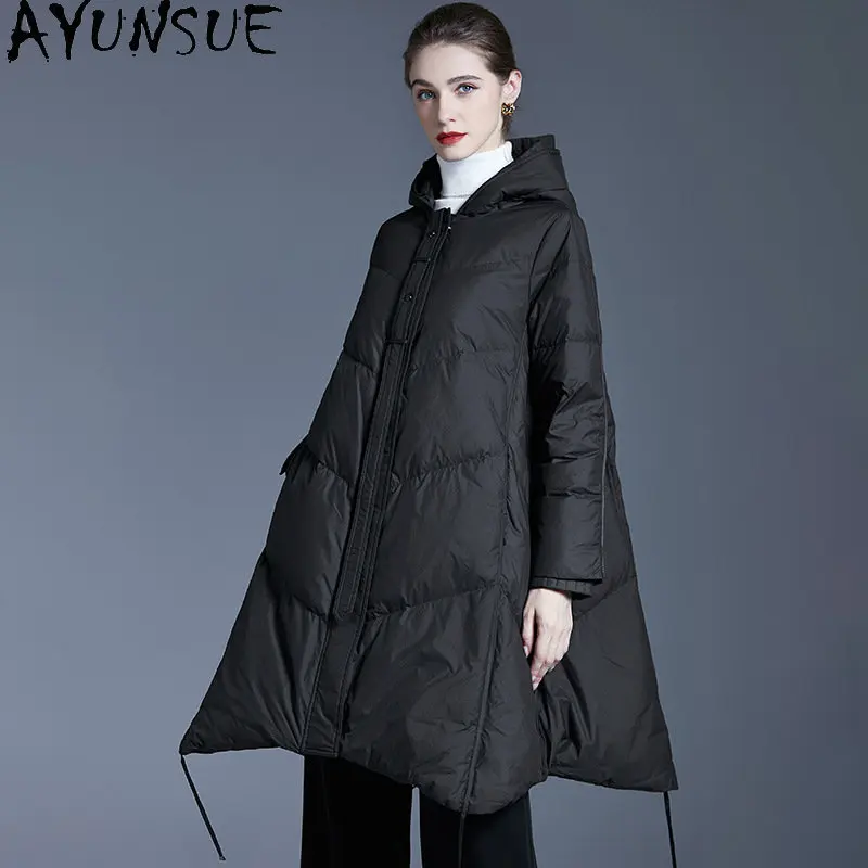 

AYUNSUE A-line Puffer Jacket Women Winter White Duck Down Coat Mid-length Black Thick Down Coats New In Jackets Veste Femme SGG