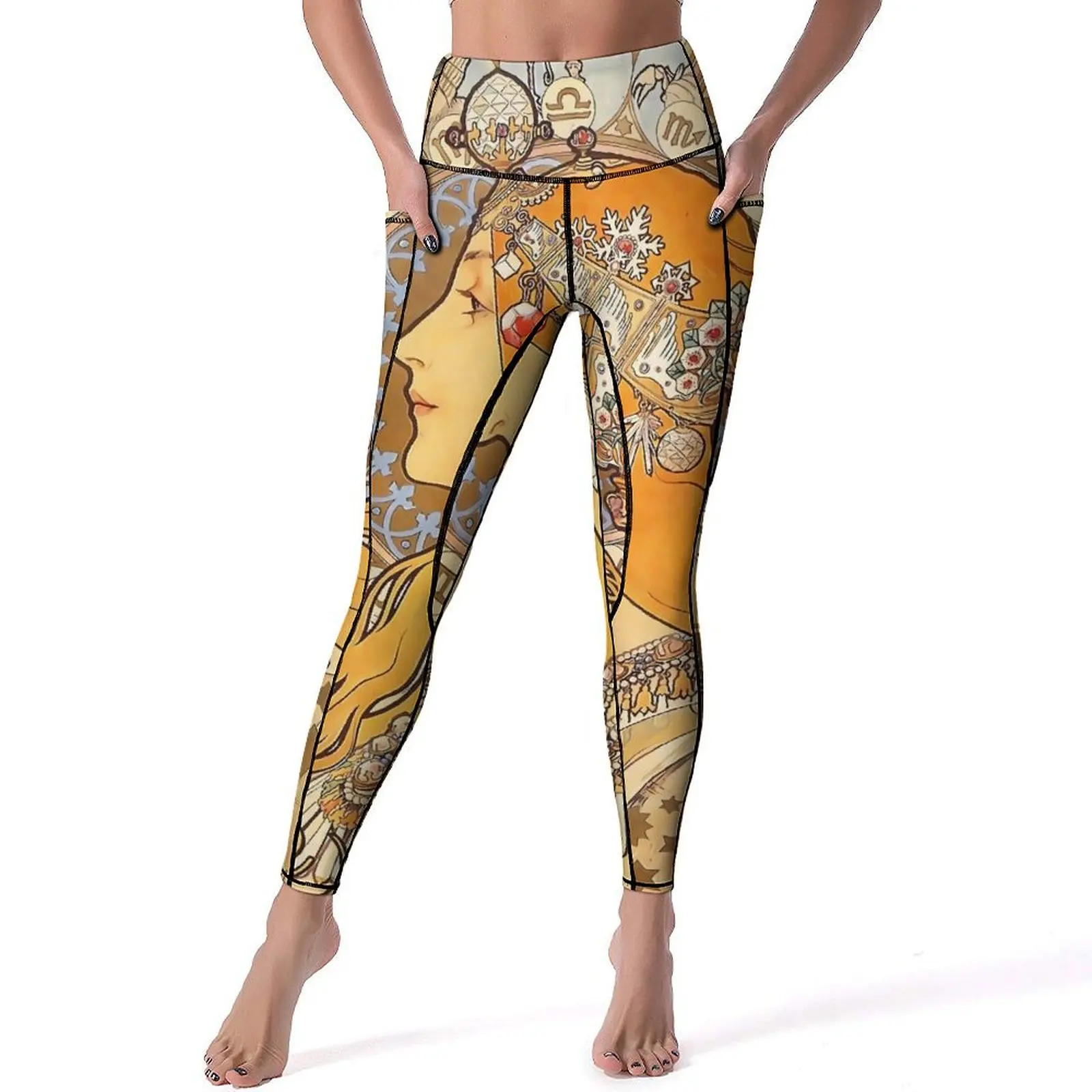 Alphonse Mucha Zodiac Art Nouveau Leggings Workout Gym Yoga Pants Push Up Elegant Leggins Design Sport Legging Birthday Gift