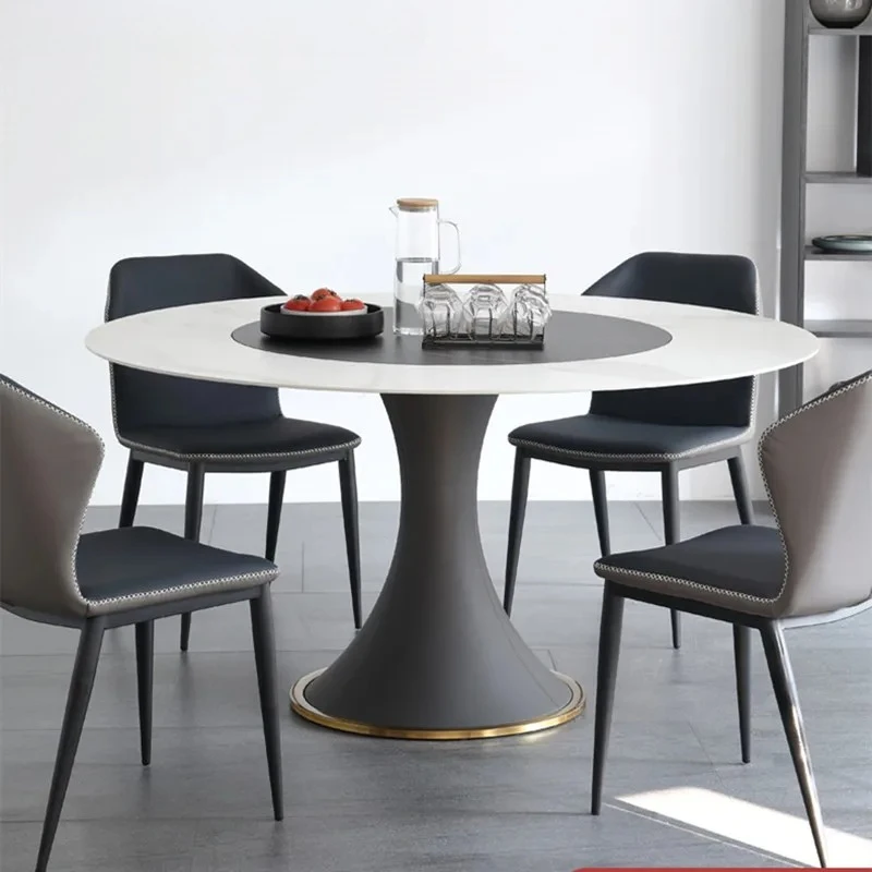 Rock slab inlaid turntable round dining table small household dining room round inlaid dining table