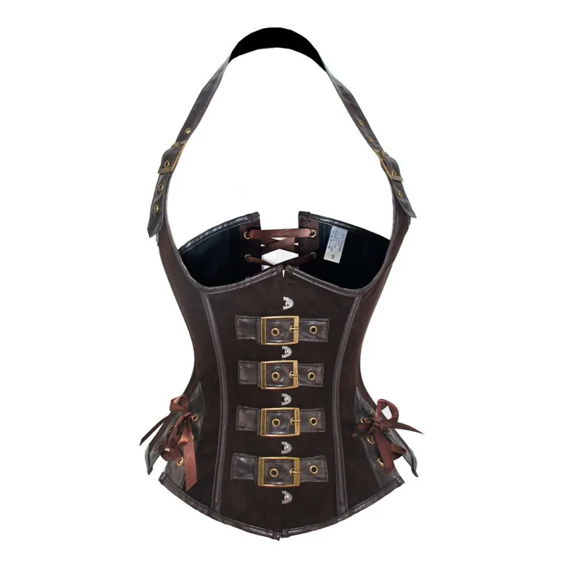 Gothic Steampunk PU Leather Underbust Corset for Women Halter Neck Bustier Top Victorian Burlesque Festival Costume