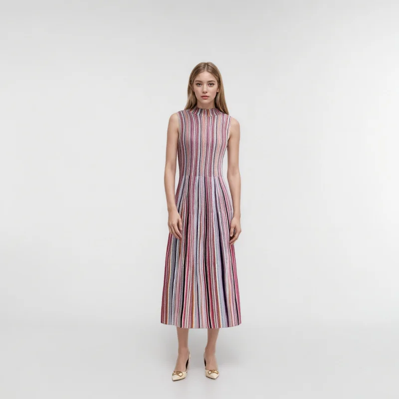 High-end Spring and Summer Elegant Ladylike Round Neck Sleeveless Mid-length Striped Knitted Dress