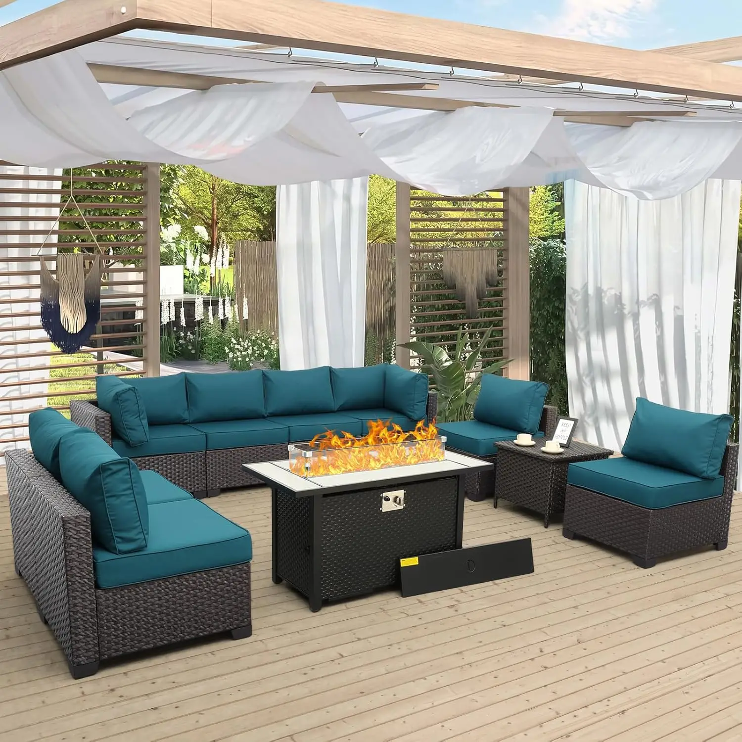 Outdoor Patio Furniture Set Dark Brown Rattan 10 Piece Sectional Sofa PE Wicker Conversation Couch Sets with Fire Pit Table