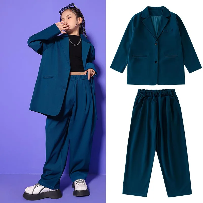 

Suit for Girls Fashion Loose Teen Boys Blazers Set 4 To 16 Y Kids Jazz Dance Performance Costume Blue Casual Child Group Outfit