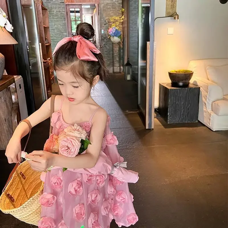 2023 Summer Baby Girls Rose Flower Princess Dress New Solid Korean Style Mesh Kids Straps Dresses Children Clothes Girl Dress