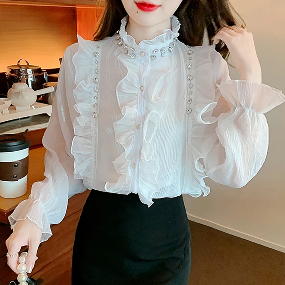 Heavy Wooden Ear Beaded Stand Single-Breasted Shirt for Women 2022 Spring New Fashion Sweet Fairy Lace Flare Sleeve Blouse