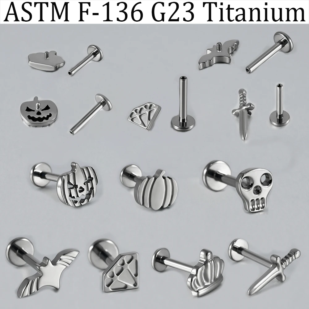 2PCS Punk G23 Implant Titanium Bat Skull Sword Style Lip Studs Internal Thread Flat Back Ear Cartilage Daith Conch Earring 16G