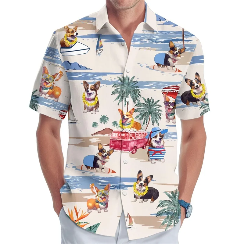 Chemise graphique teckel hawaïen pour hommes, impression complète 3D, t-shirt surdimensionné, chemise boutonnée décontractée, chemises de plage de surf, été