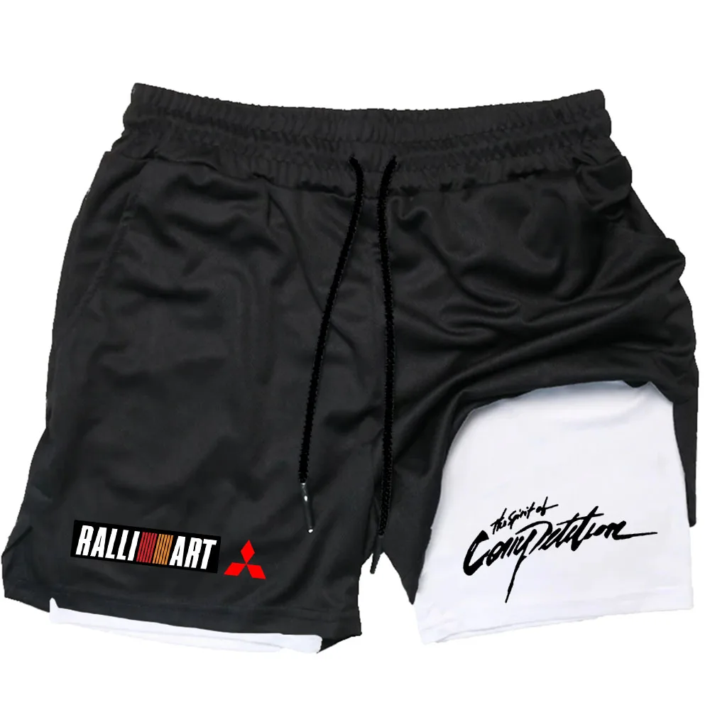 Men's Double Layer Running Training Shorts Mitsubishi Racing Evo Graphic Print Adjustable Drawstring Waist Sports Fitness Shorts