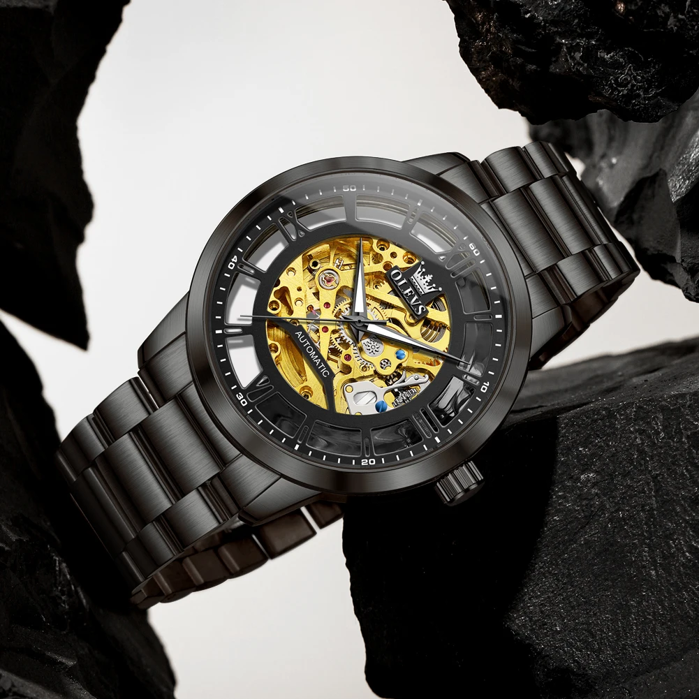 ساعة OLEVS أوتوماتيكية بهيكل عظمي شفاف للرجال بحركة ذهبية ماركة فاخرة ساعات ميكانيكية من الفولاذ المقاوم للصدأ باللون الأسود #2