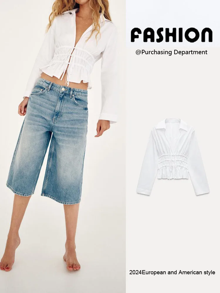 

Faionable Casual irt Women's Cotton Long Sve Turn-down Collar Waist-cinching New Arrival Autumn 2024 87002 250