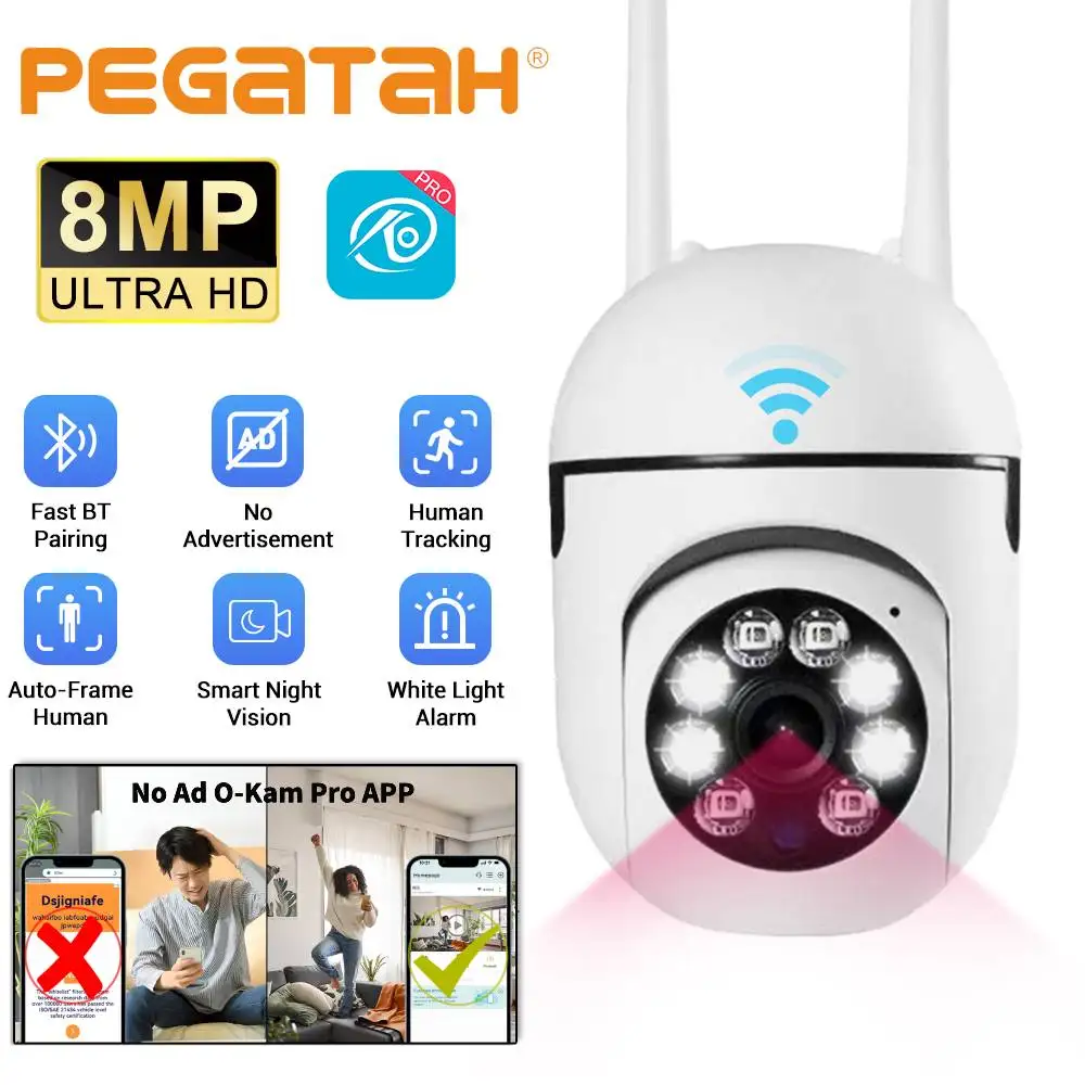O-Kam Pro 8MP HD Night Color Wifi IP Wireless Surveillance Camera PTZ Camera 4X Zoom Humanoid Tracking Cam No Ad APP Light Alarm