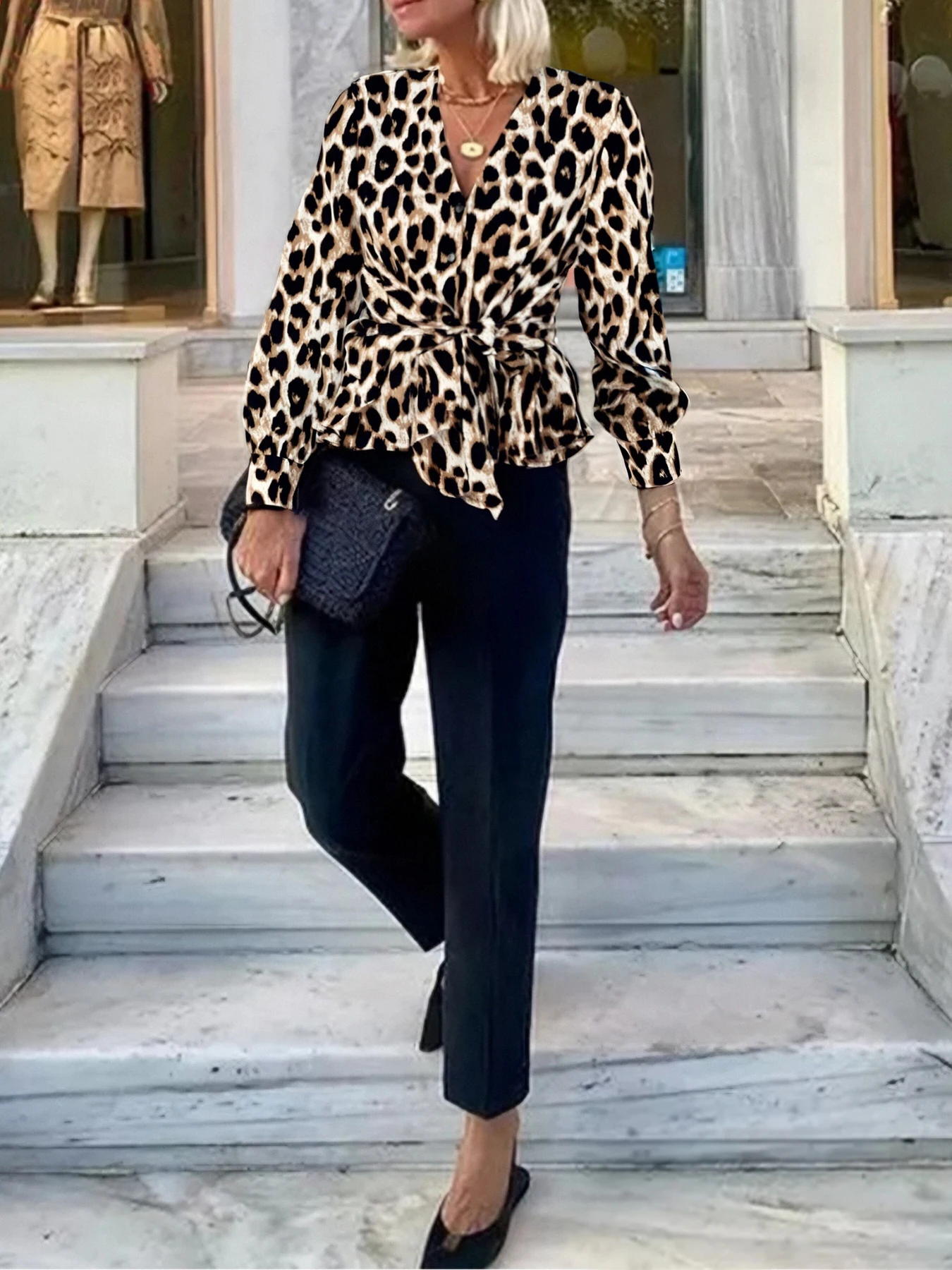 Spring Summer Women's Blouse Leopard Print V Neck Long Sleeve Waist Tie Ruffled Hem Slim Trendy Daily Casual Dating Top