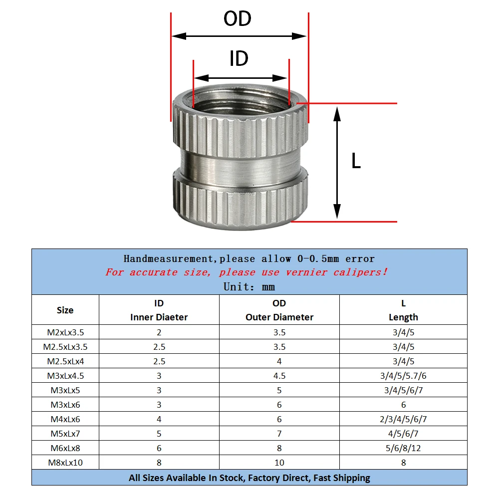 M2 M2.5 M3 M4 M5 M6 M8 303Cu Stainless Steel Hot Melt Insert Knurled Nut Thread Heat Molding Injection Embed Nut For 3D Printer