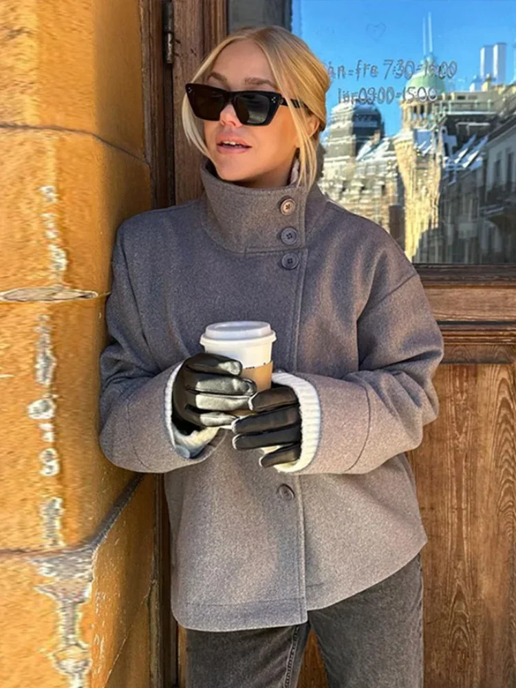 เสื้อแจ็คเก็ตแฟชั่นผู้หญิง แขนยาว คอตั้ง กระดุมแถวเดียว สไตล์ลำลอง สีพื้น สำหรับฤดูใบไม้ผลิและฤดูใบไม้ร่วง