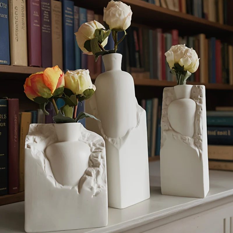Creative White Embossed Ceramic Vase All-Season Use for Living Room Home Decor, Exhibition Room Display, Party Decor