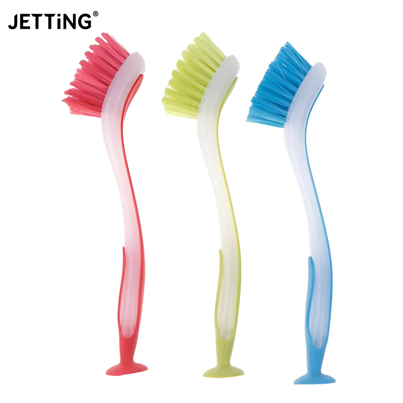 Multifunctional Pot Cleaning Brush Vertical Dishwashing Brush Suction Cup Type Plastic Long Handle Sink Cleaning Scrub Brush