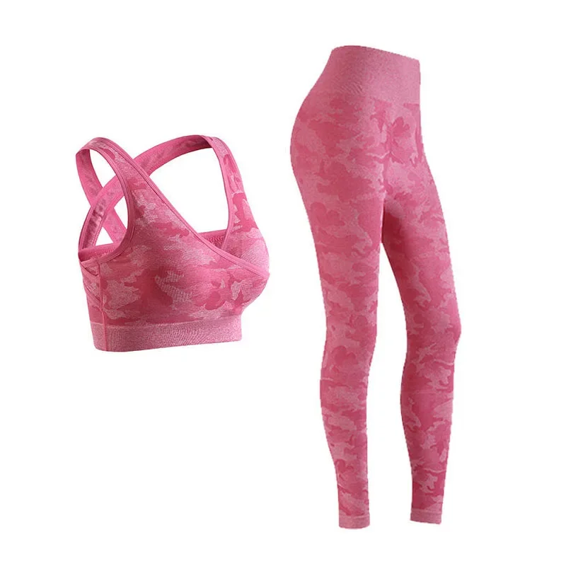 2024 New 2 Piece Sport Suit Camo Seamless Yoga Set Women Fitness Clothing Sportswear High Waist Gym Leggings Tights Workout Bra