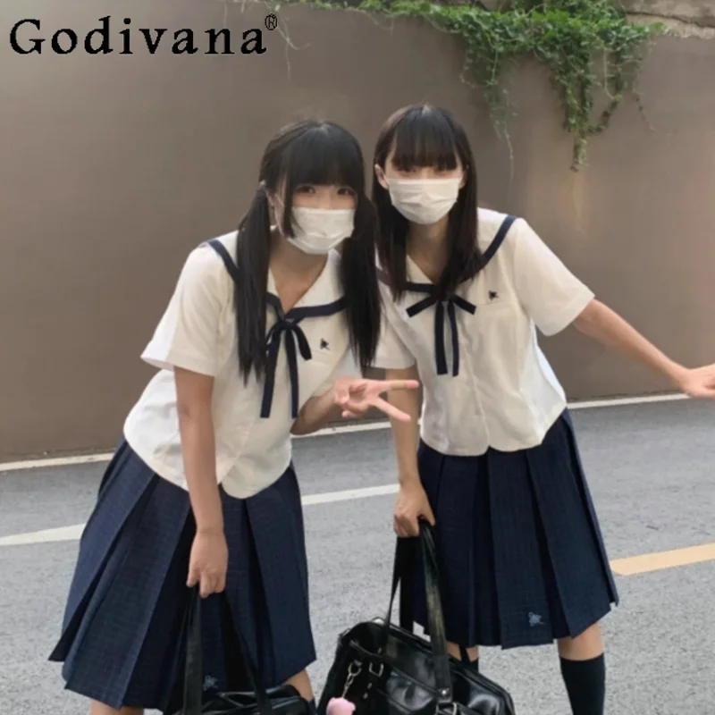 Sweet Japanese Jk Short Sleeve Navy Collar College Shirt Summer New Fashion High Waist A-line Versatile Age-reducing Plaid Skirt