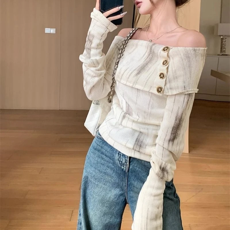 Women\'s Knitted Pullovers Sexy Slash Neck Off-shoulder Elegant Aesthetic Temper Clothes Autumn New Vintage Fashion Feminine Tops