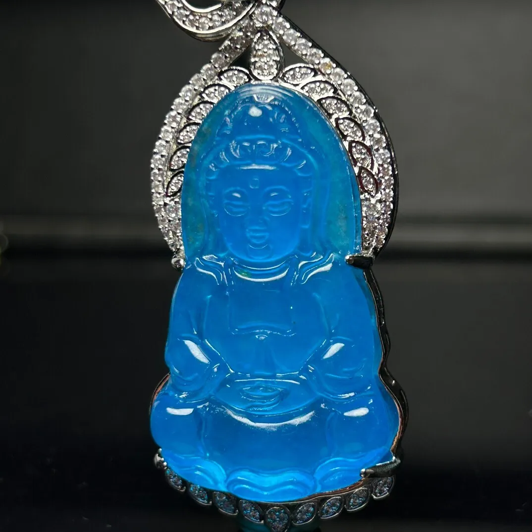 Certified Natural ice inlay Blue jade Jadeite Avalokitesvara Pendant&Necklaces
