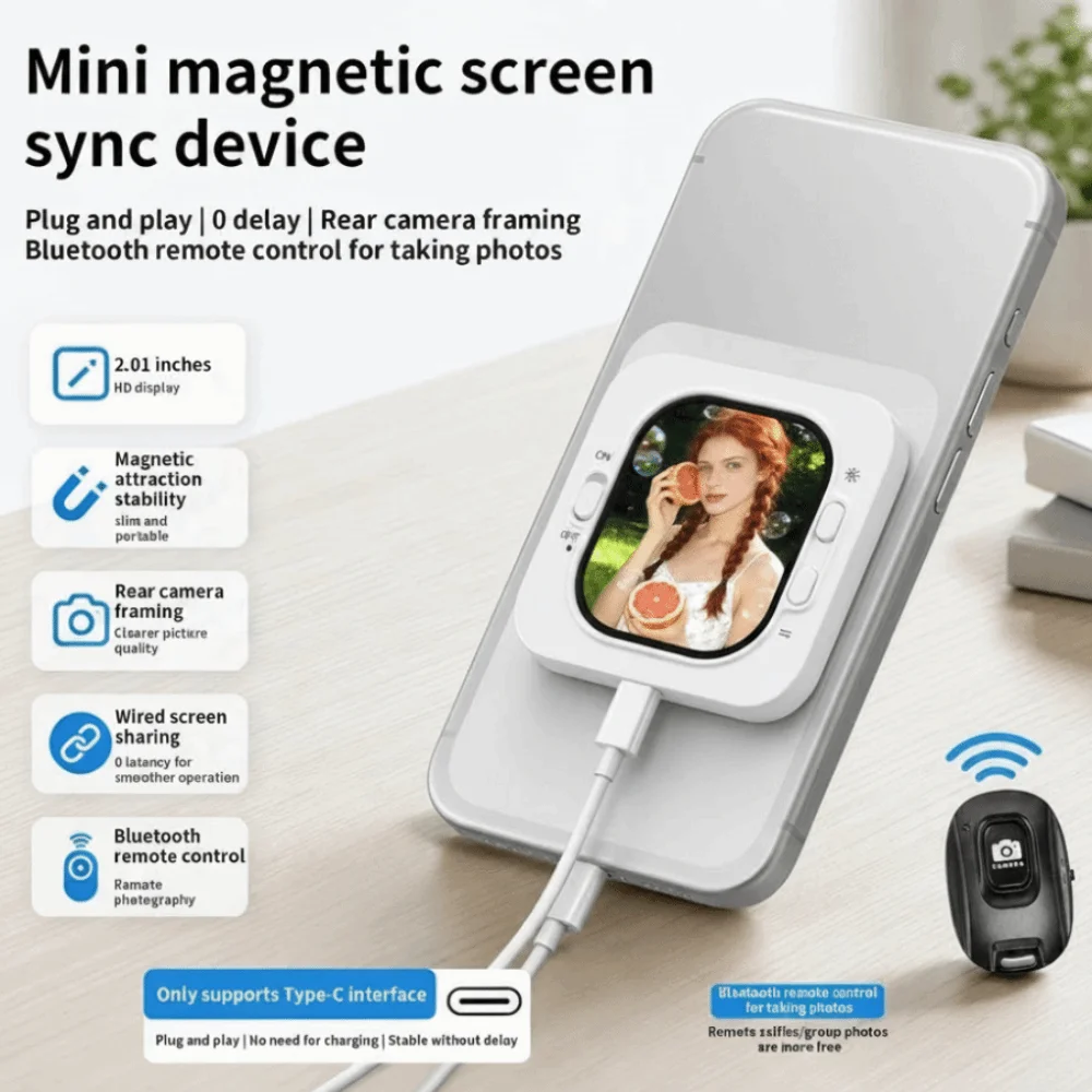 Bluetooth Selfie Controller Selfie Screen Magnetic Mini Rear Camera Monitor Wired Phone Selfie Monitor Video Recording