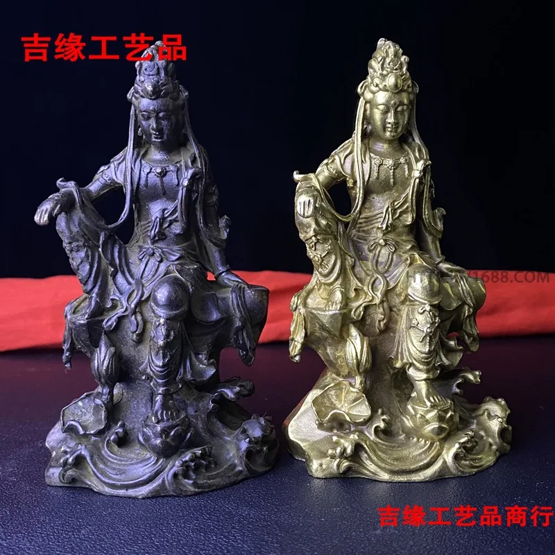 Antique-style alloy Buddha statue, a collectible piece, featuring the Guanyin (Goddess of Mercy) in a seated pose, suitable for