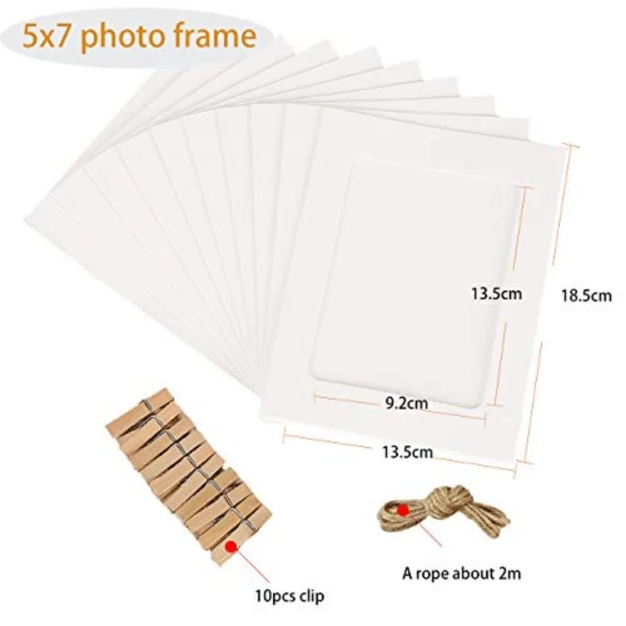 5x7in Paper Picture Frames, DIY Photo Frames Creative Linkage Mounted Cardboard with Flax String and Clips, 3 Colors,5x7