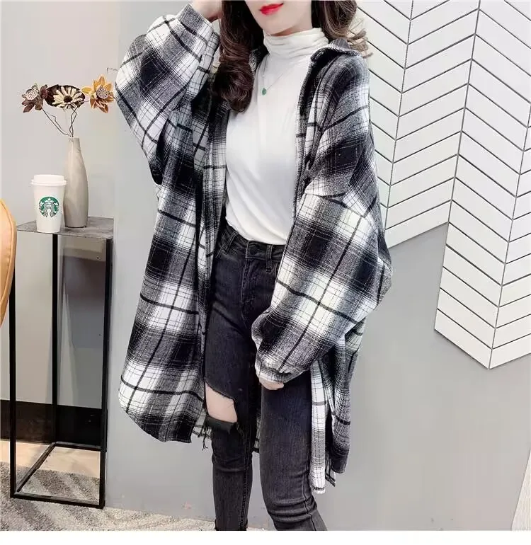 Spring Autumn Thick Plaid Shirts New Women Blouses Tops Long Sleeve Female Casual Print Shirts Loose Cotton Checked Lady Outwear