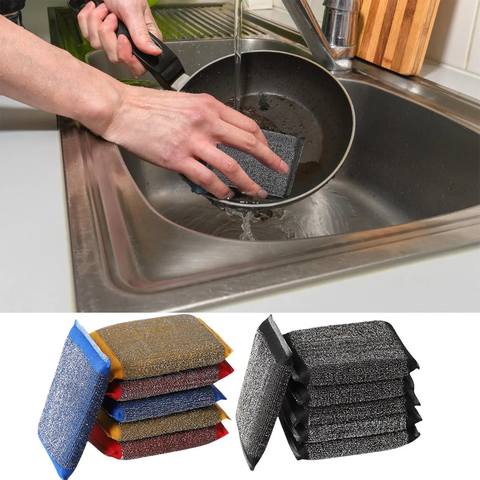 6Pcs Sponge Stainless Steel Wire Washing Pads Non-Scratch Dishes Scrub Sponges Reusable Dishwashing Sponge Kitchen Cleaning Tool