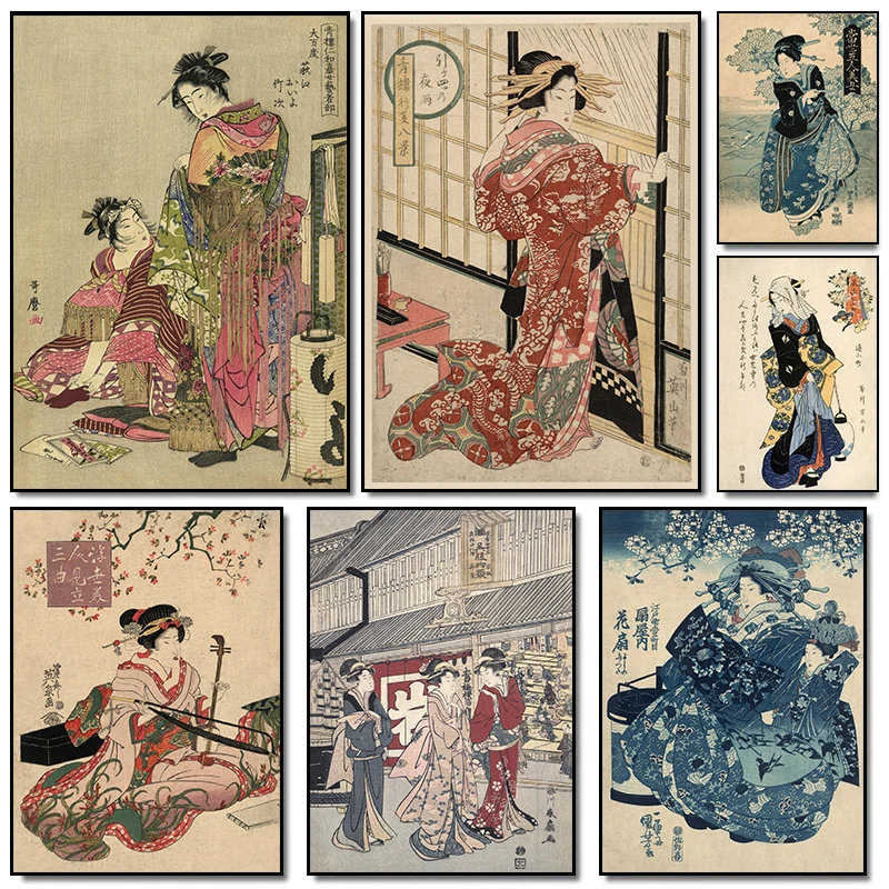 1pc frameless Classic Ukiyoe Japanese Geisha Woman Retro Posters Prints Canvas Painting Wall Art Picture Living Room Bar Club Ho
