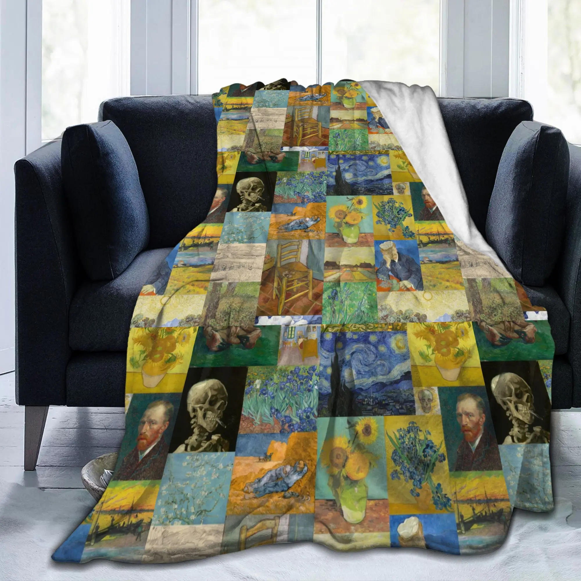 Van Gogh Collage Knitted Blankets Coral Fleece Plush Starry Night Portrait Painter Lightweight Throw Blankets Couch Breathable