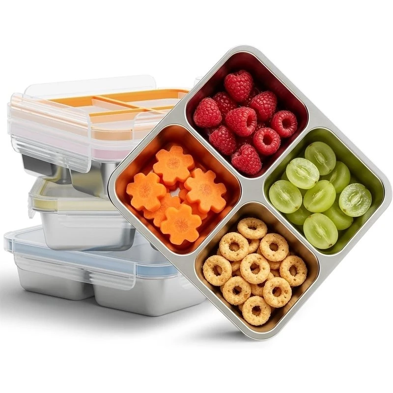 GIGI Lot de 4 contenants à collation en acier inoxydable, contenants à collation en métal à 4 compartiments avec couvercle, boîtes de rangement compactes pour aliments