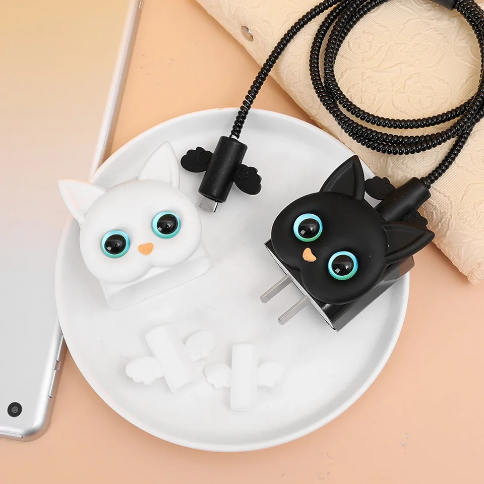 Kawaii Cartoon Cable Protector Set – 3D Cat Data Line Cover For IPhone 18W/20W Chargers, USB Cord Saver With Spiral Rope & Plug Cover