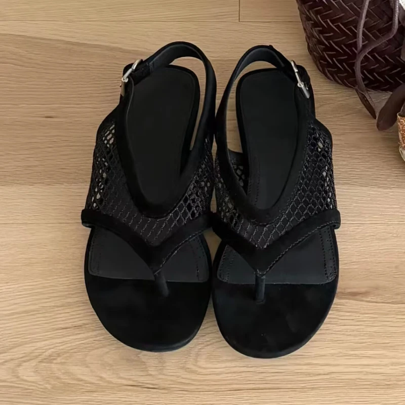 

2026 Summer New Mesh Shoes for Womens Round Toes Flat Heels Sewing Lines Flip-flops Hollow Zapatos Sandals