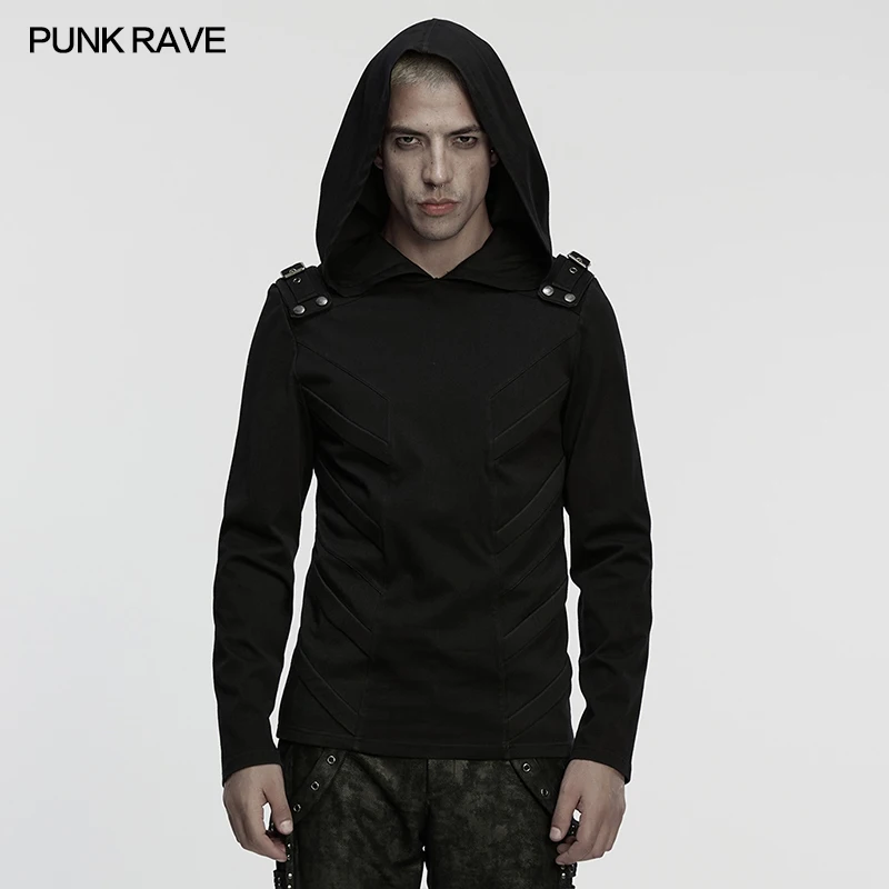 PUNK RAVE Men's Cyberpunk Denim-like Knitted Simple Hooded Style T-shirt Avant-garde Punk Feel Handsome Personalized Dark Tops