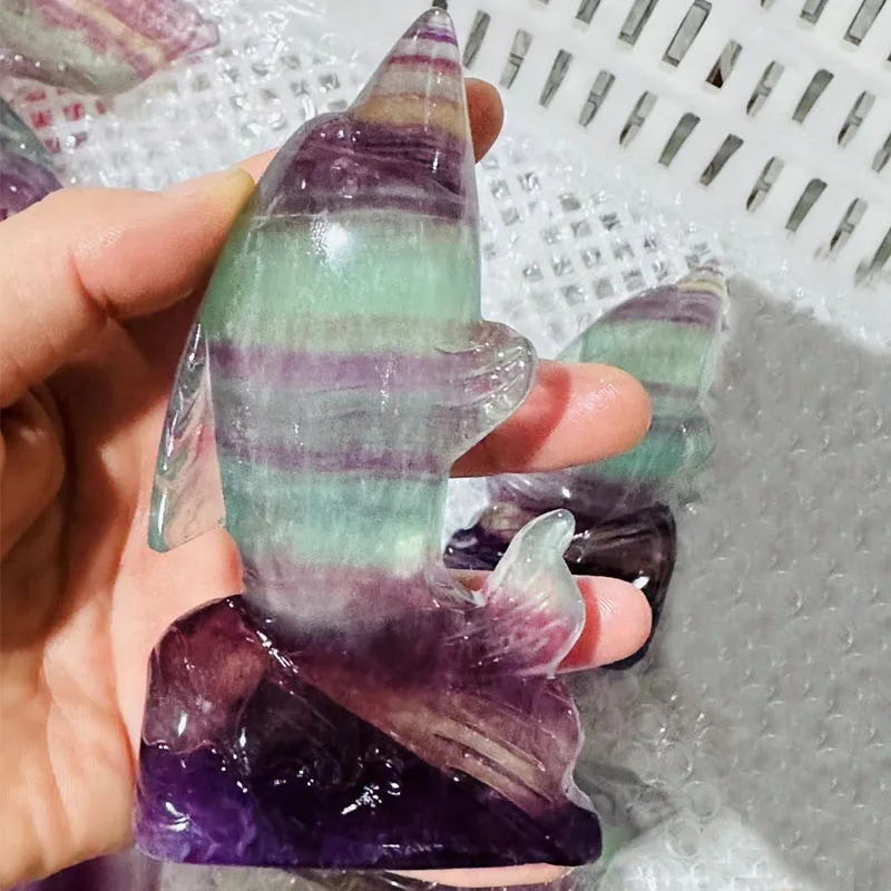 Natural Rainbow Fluorite Dolphin Sculpture Gift Beautiful Irregualr Quartz Crystal Mineral Rock Reiki Healing Stone Ocean Animal