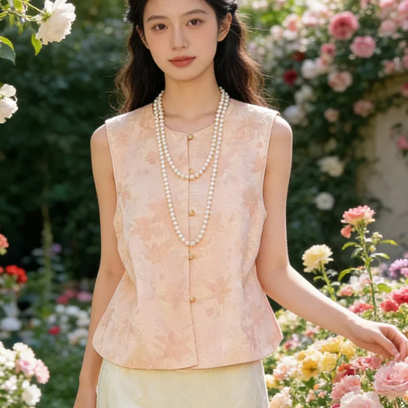 

Vintage Jacquard Tang Costume Waistcoat Chinese Traditional Women's Vest Qipao Top Summer New Sleeveless Shirt Coat Outwear