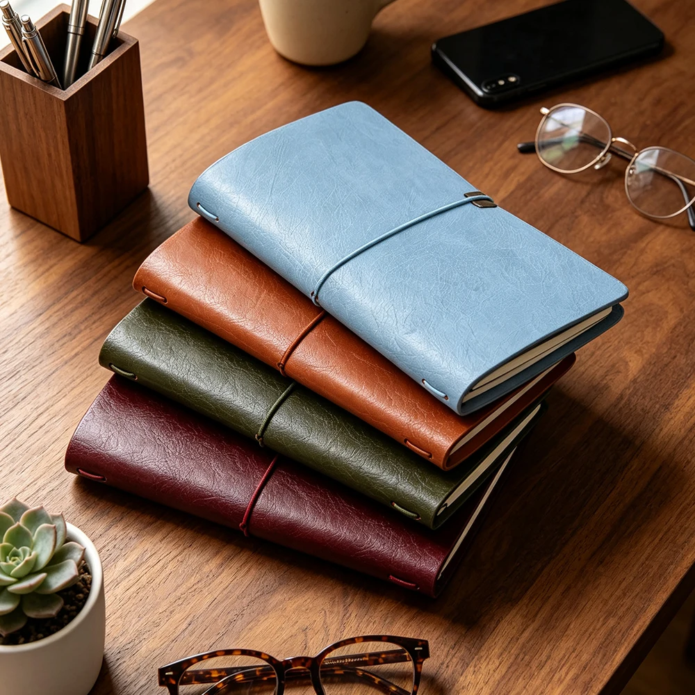 PU Leather Refillable Loose Leaf Budget Binder Notebook 200 Pages 3 Sets Inner Pages Elastic Band Closure Multi Colors Travel