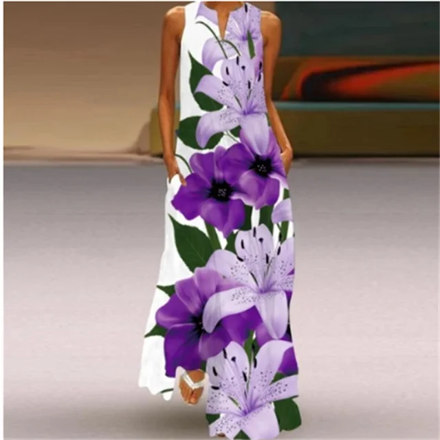 Letnia długa sukienka damska Kwiatowy nadruk 3D bez rękawów Eleganckie sukienki imprezowe dla kobiet 2024 Casual Beach Women Dress Spring Clothes