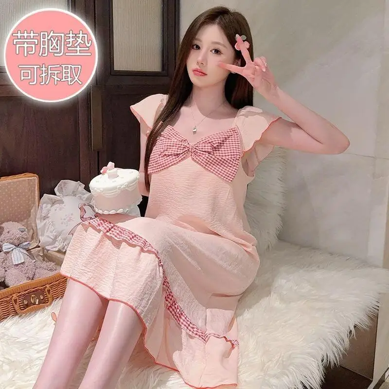 

Новая модная ночная сорочка в стиле принцессы для девочек-подростков и студенток, больших размеров, домашняя одежда, летняя, повседневная, со встроенным бюстгальтером и чашечками.