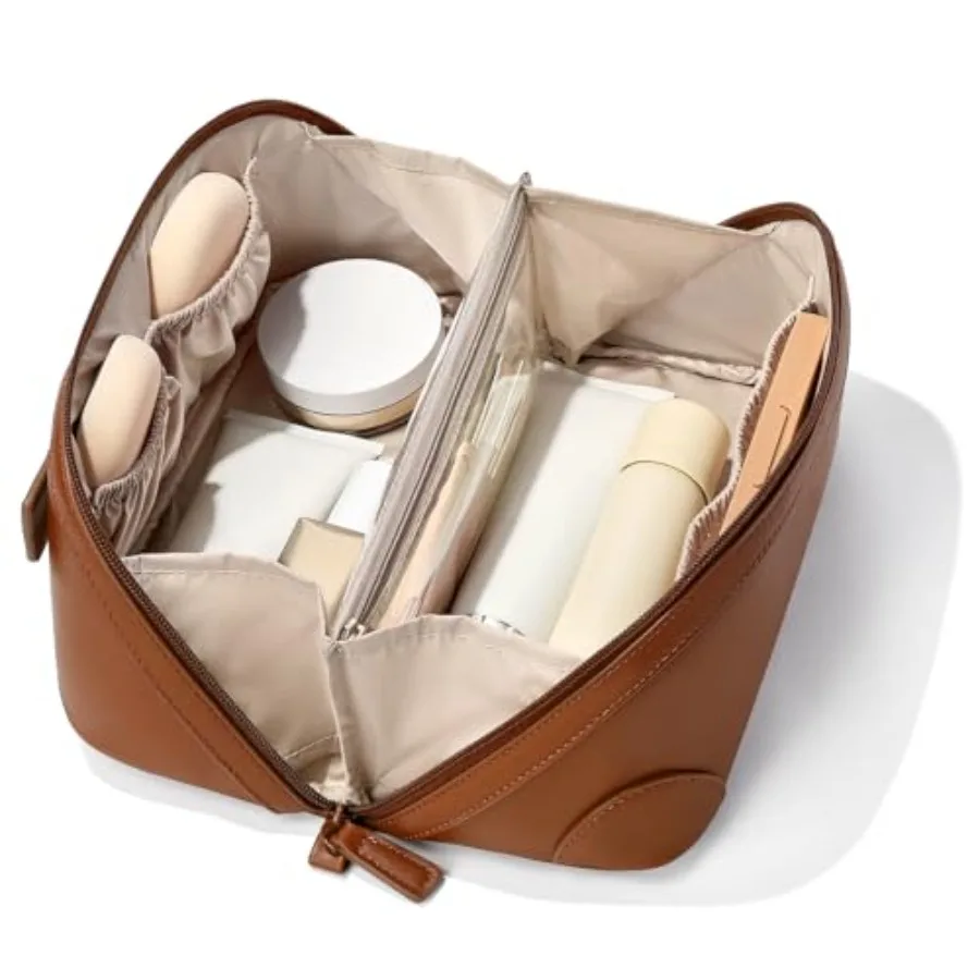 Travel Makeup Bag for Women, Large Capacity Waterproof PU Leather Flat Open Cosmetic Bag, Portable Toiletry Bag for Business Tr