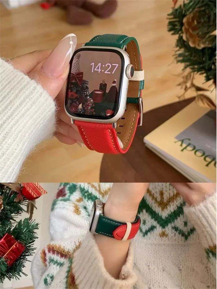 Korea Cute Christmas Leather Strap For Apple Watch Band 49mm 45 Ultra2 44 41 42 Correa Men Women Band For Iwatch Series 9 8 7 SE