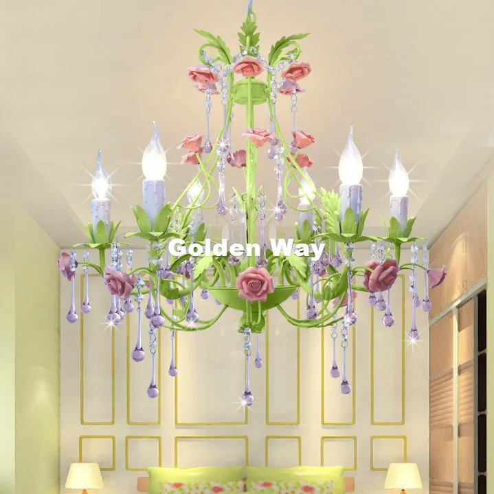 Green European Chandelier lamp Lustre Light 6L/8L Sizes Pink Rose Flower Chandelier Light Fixture E14 Decoration Chandelier image 3