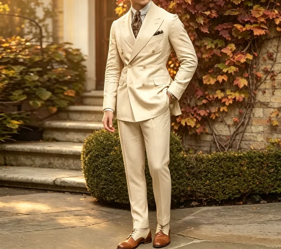 Classic khaki men's 2-piece suit with peak lapel double-breasted slim fit clothes for wedding prom party, made to measure gifts