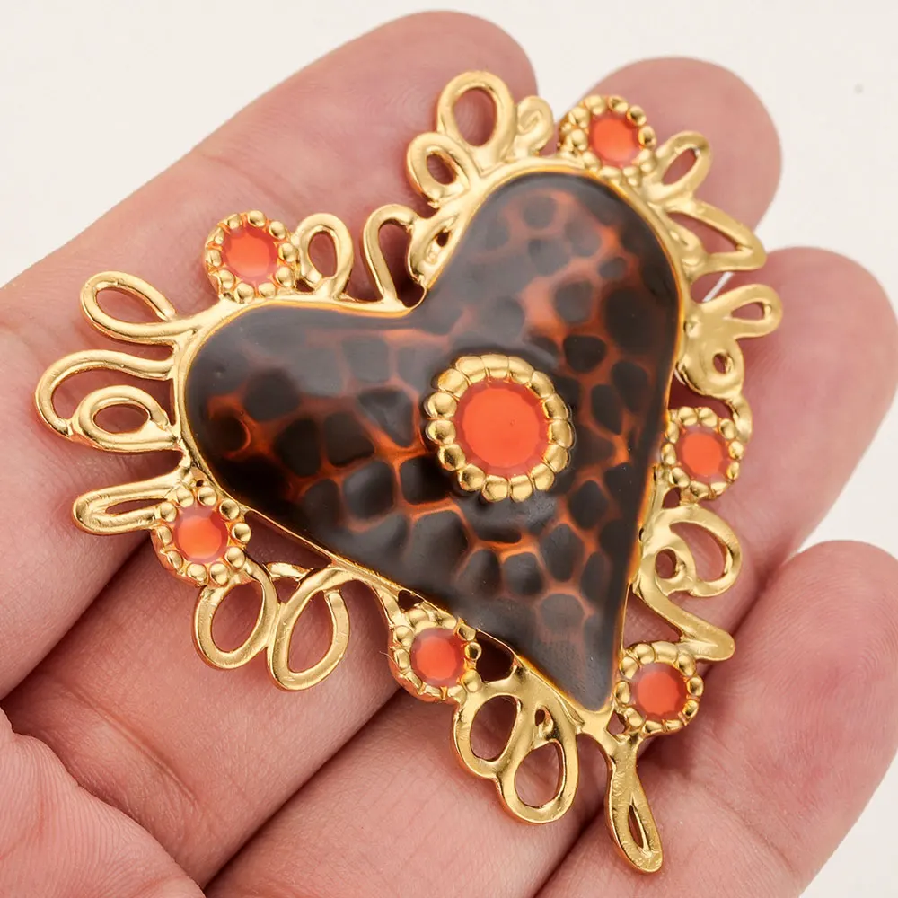 2pcs 55MM Stainless Steel Vintage Large Baroque Brown Sacred Heart Charm Pendant Earring Necklace Bracelet Jewelry Making Craft