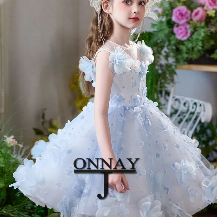 

Customized Puffy Blue Flower Girl Dress for Baby Scoop Tulle Pageant Communion Robe for Girls Wedding Party Gown Kids