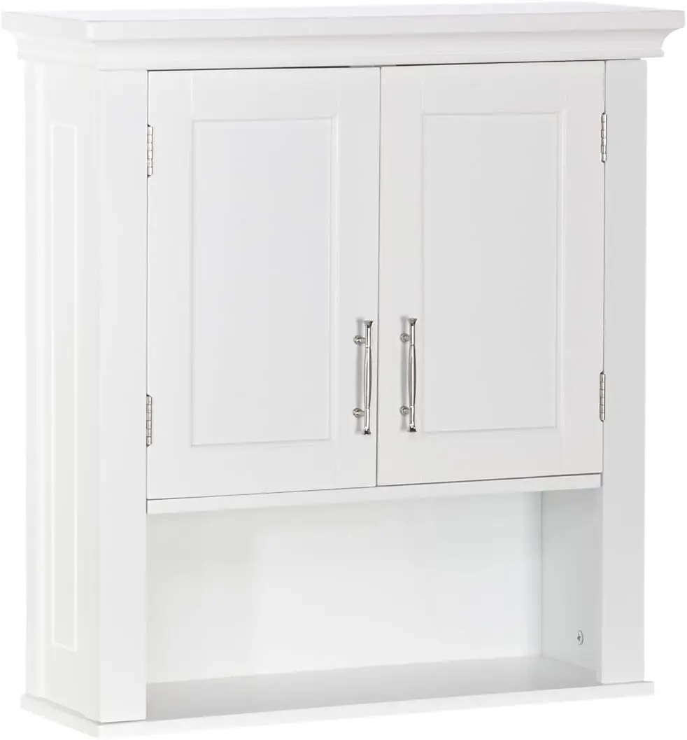 Two-Door Wall Mount Medicine Cabinet with Open Shelf & Adjustable Storage, White