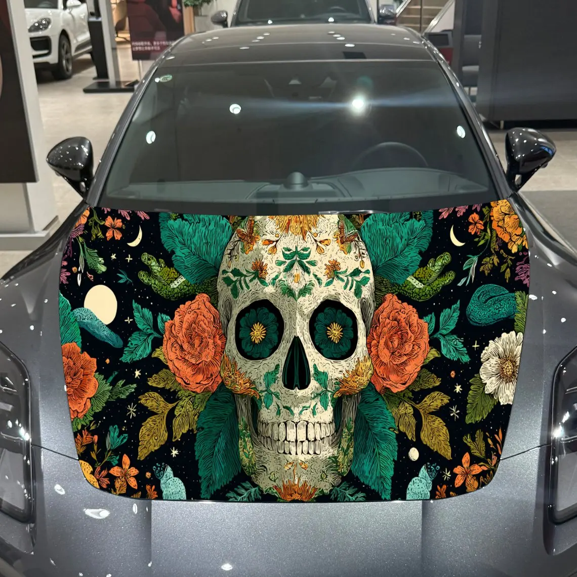 

Unique Sugar Skull and Flower Blossoms Auto Cover Sticker, Waterproof and Self-adhesive Car Hood Decal, Auto Vinyl Wraps, Cool C